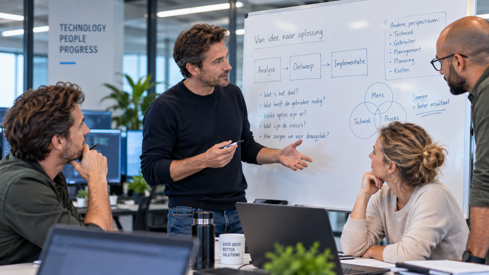 Technische professionals stemmen af tijdens een werksessie